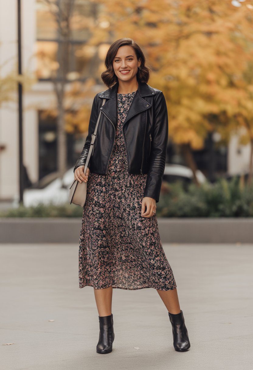 A woman stands outdoors in fall wearing a leather jacket over a floral midi dress.