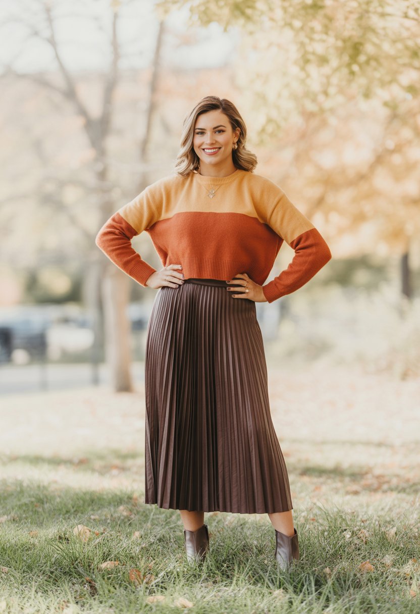 A woman wearing a cropped sweater and pleated midi skirt standing outdoors with fall leaves in the background.