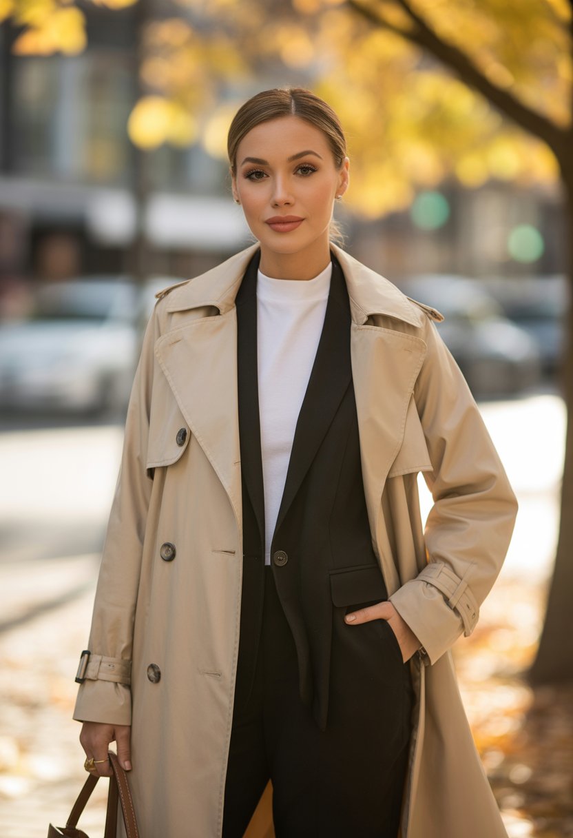 A woman wearing a trench coat over a black and white outfit standing outdoors with autumn leaves in the background.