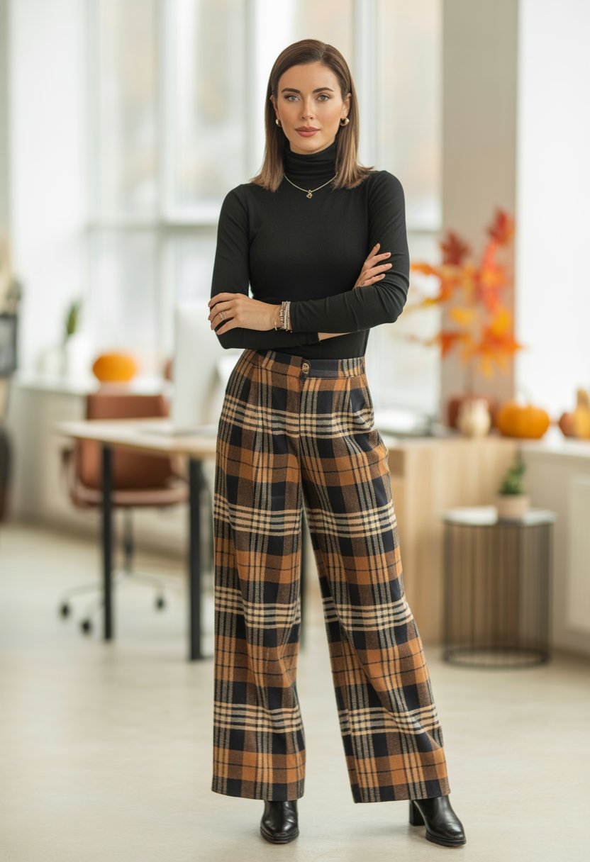 A woman standing in a modern office wearing a black turtleneck and wide-leg plaid pants.