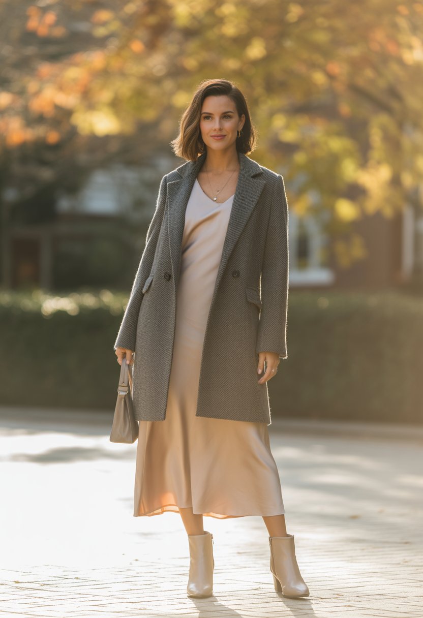 A woman standing outside wearing a wool coat over a midi-length dress with fall leaves in the background.
