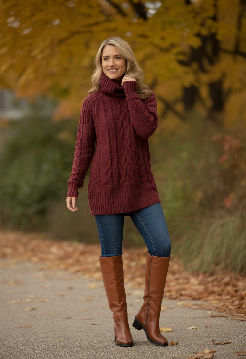 A woman wearing a burgundy knitted sweater and knee-high brown leather boots standing outdoors among autumn leaves.
