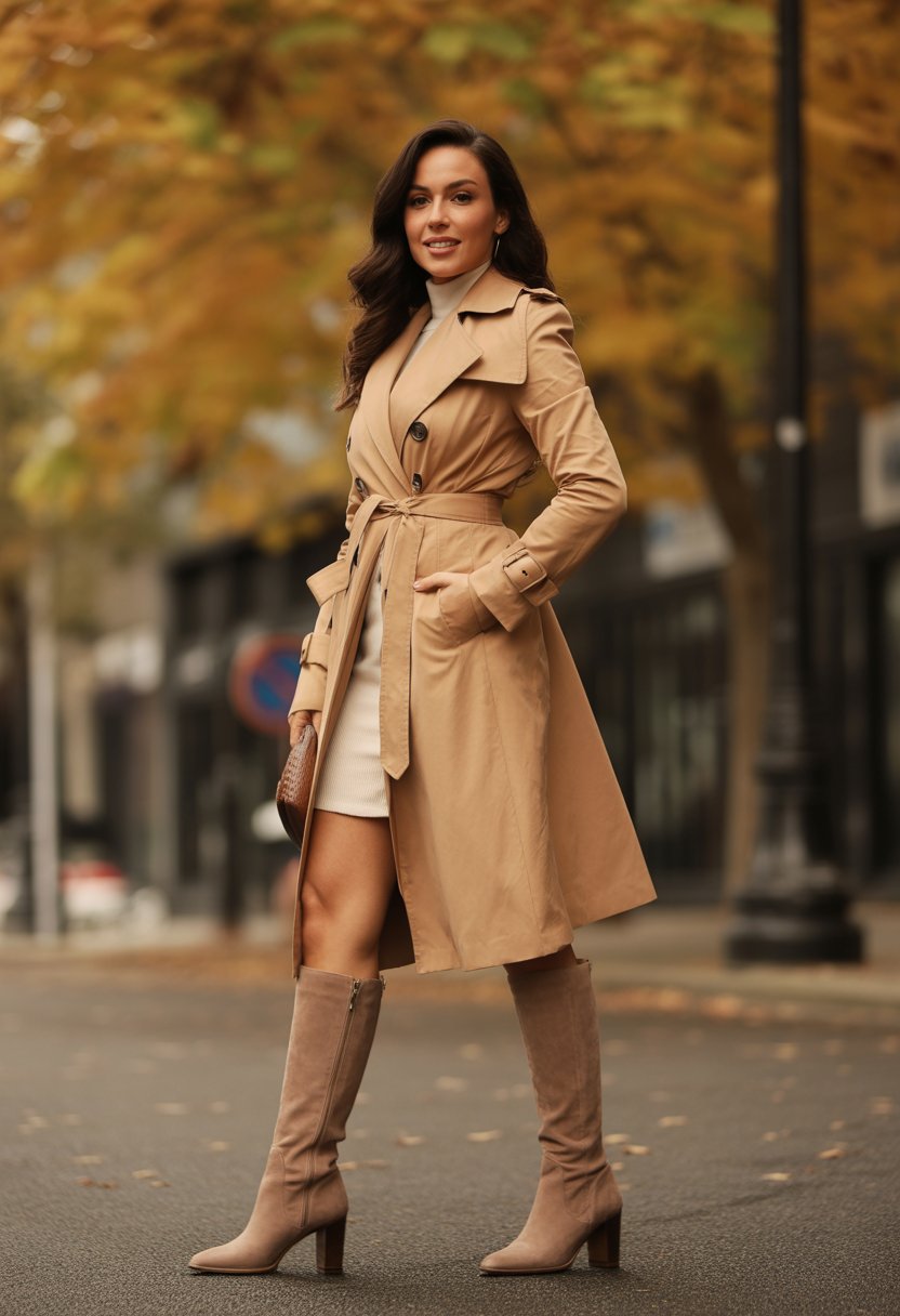 A woman standing outdoors on a city street in fall, wearing a camel trench coat and suede mid-calf boots.