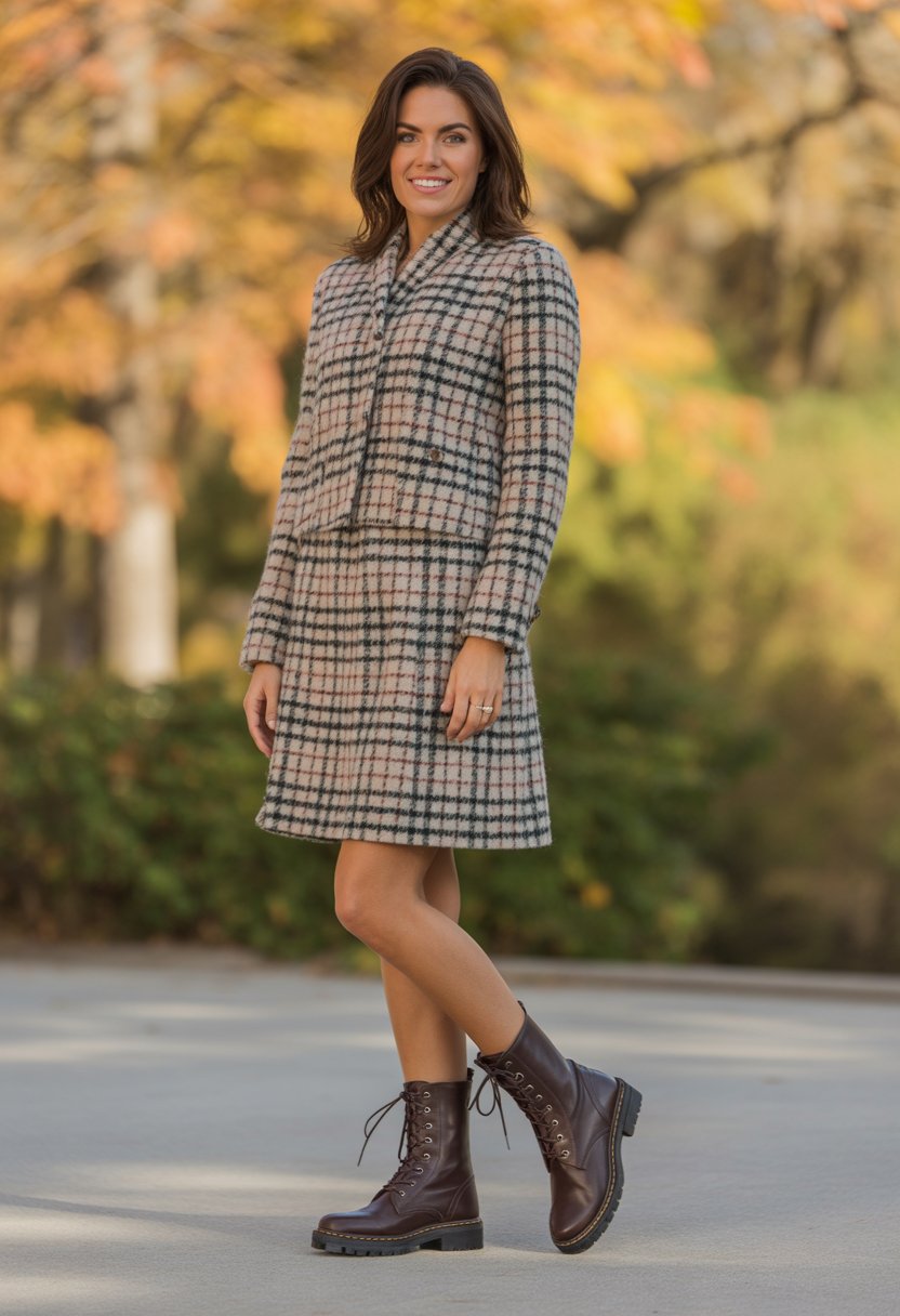 A woman standing outdoors wearing a plaid wool skirt and lace-up combat boots with autumn leaves in the background.