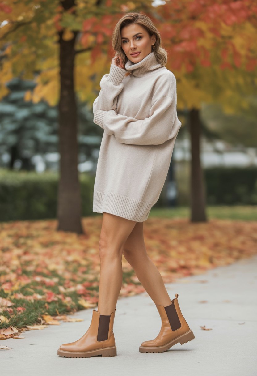 A woman standing outdoors on a fall day wearing a cream sweater and tan boots, surrounded by colorful autumn leaves.