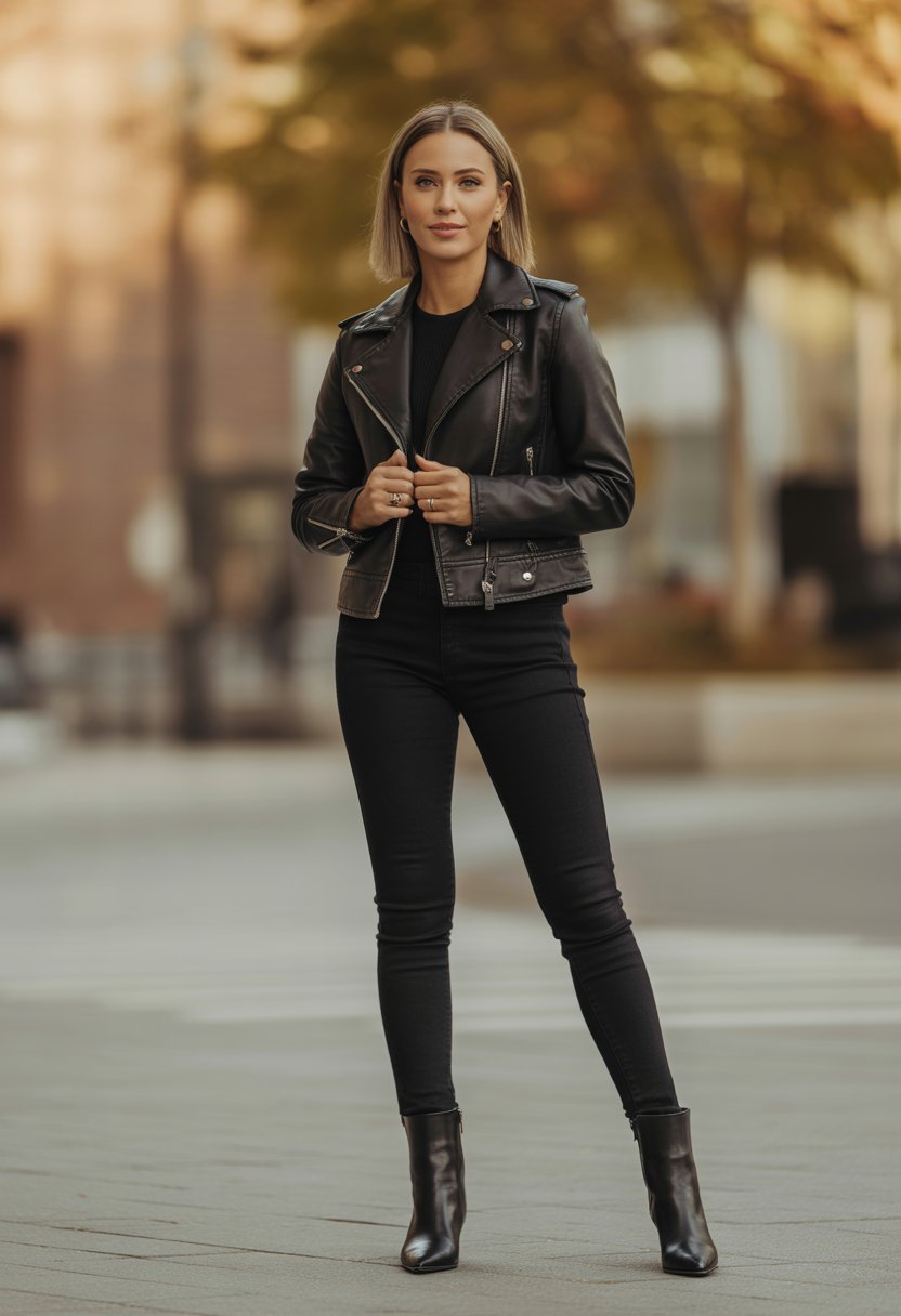 A woman standing outdoors wearing a black leather jacket, skinny black jeans, and pointed toe boots.
