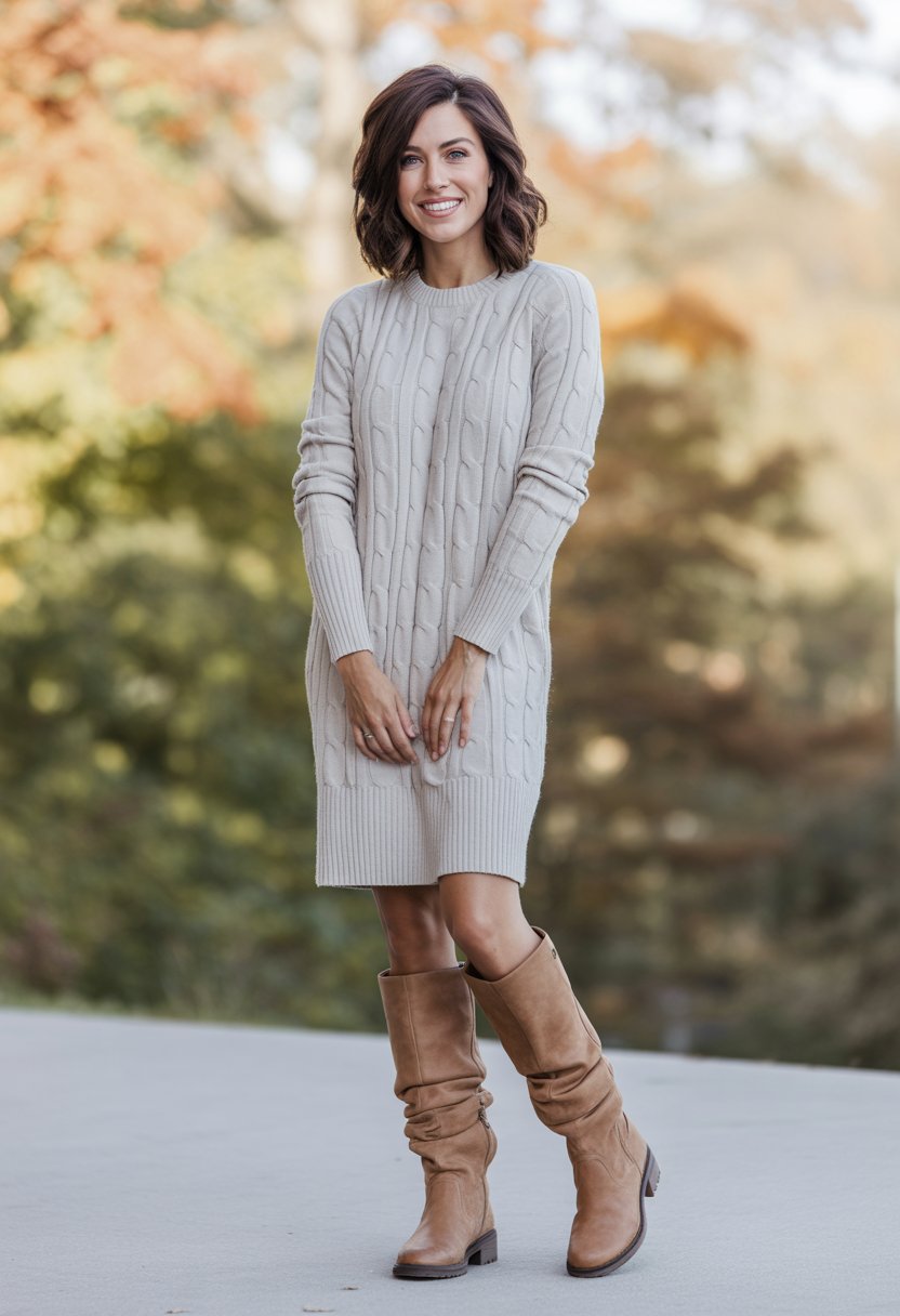 A woman wearing a cable knit dress and slouchy suede boots standing outdoors with autumn leaves in the background.