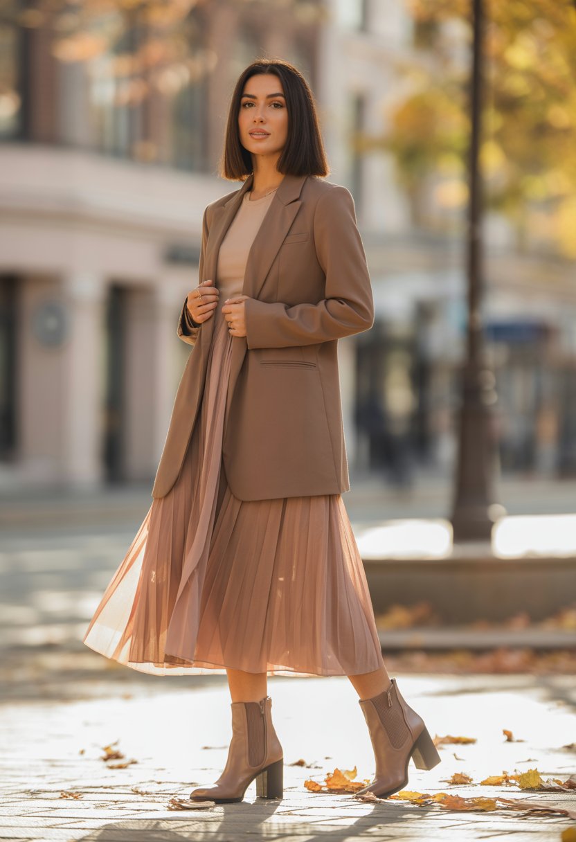 A woman standing outdoors wearing a long blazer over a midi dress with block heel boots in an autumn city setting.