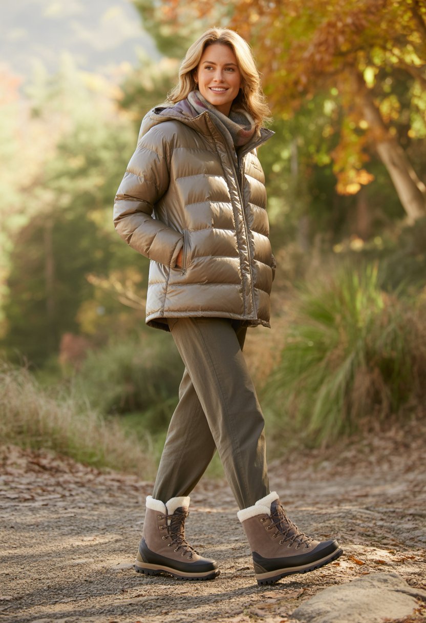 A woman outdoors on a forest trail wearing a puffer jacket and fleece-lined hiking boots during fall.