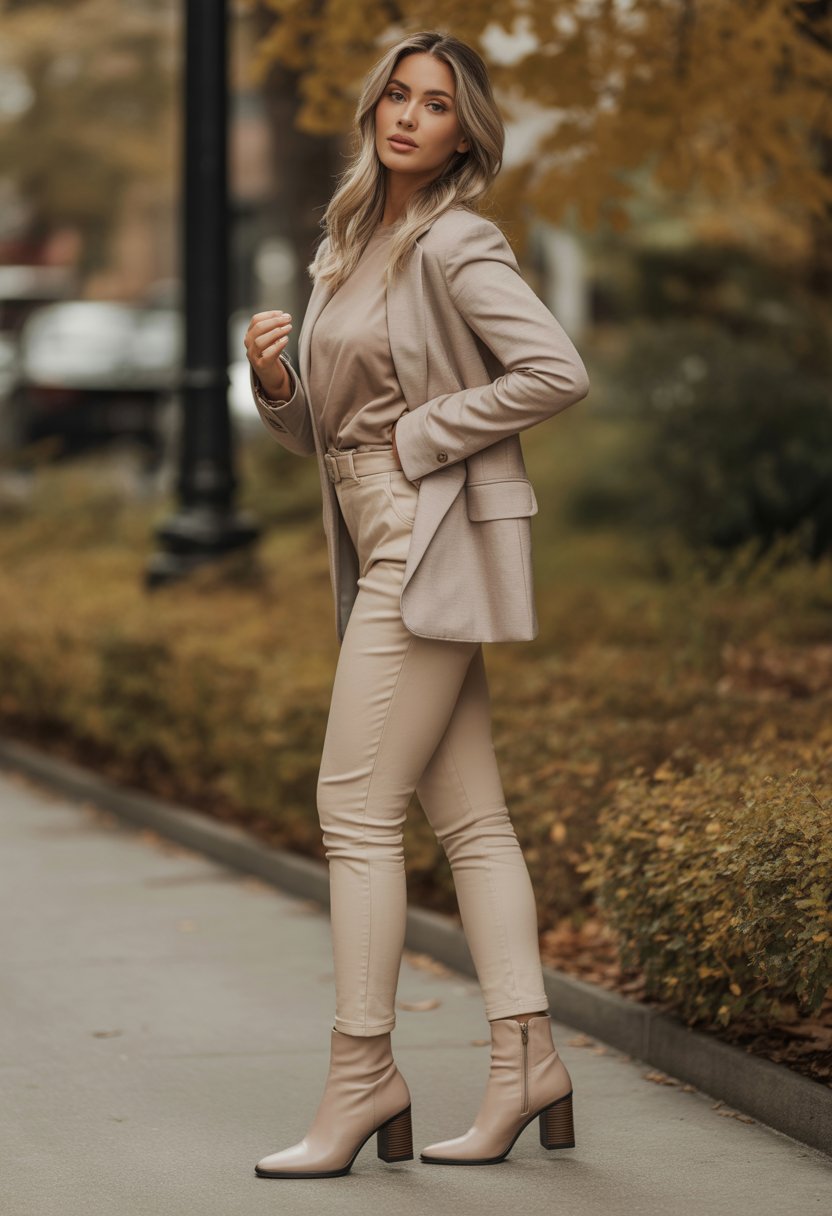 Woman wearing beige outfit and stacked heel ankle boots standing outdoors with fall leaves in the background.