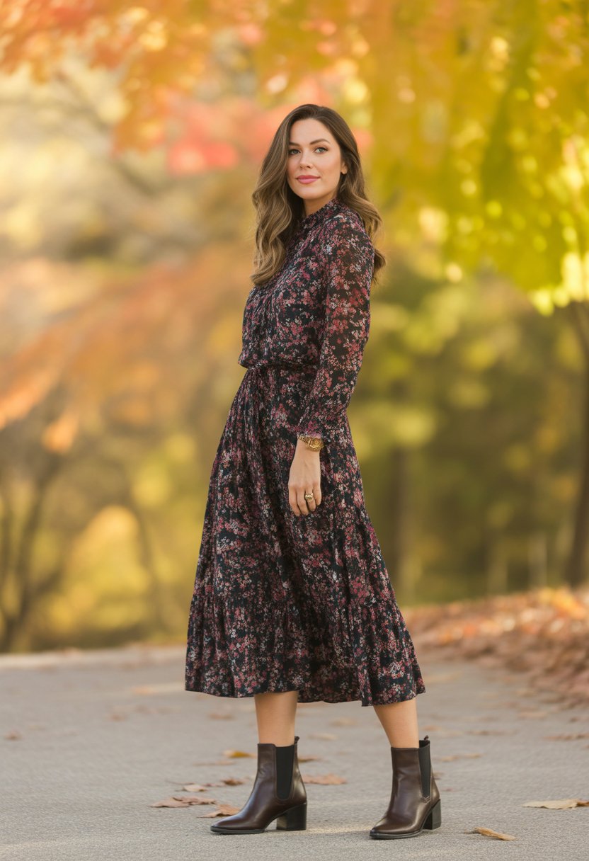 A woman standing outdoors among autumn leaves wearing a dark floral midi dress and ankle boots.
