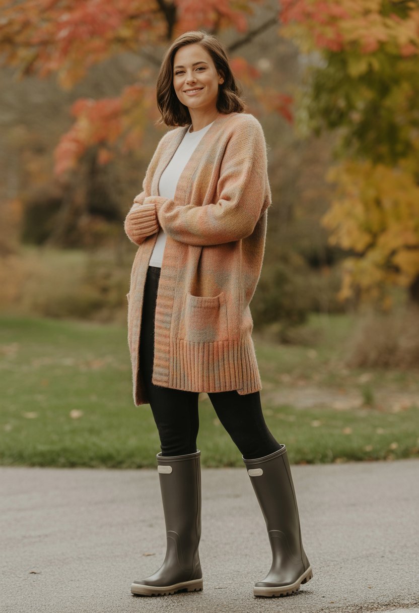 A woman standing outdoors wearing a knit cardigan, leggings, and rain boots with fall leaves in the background.