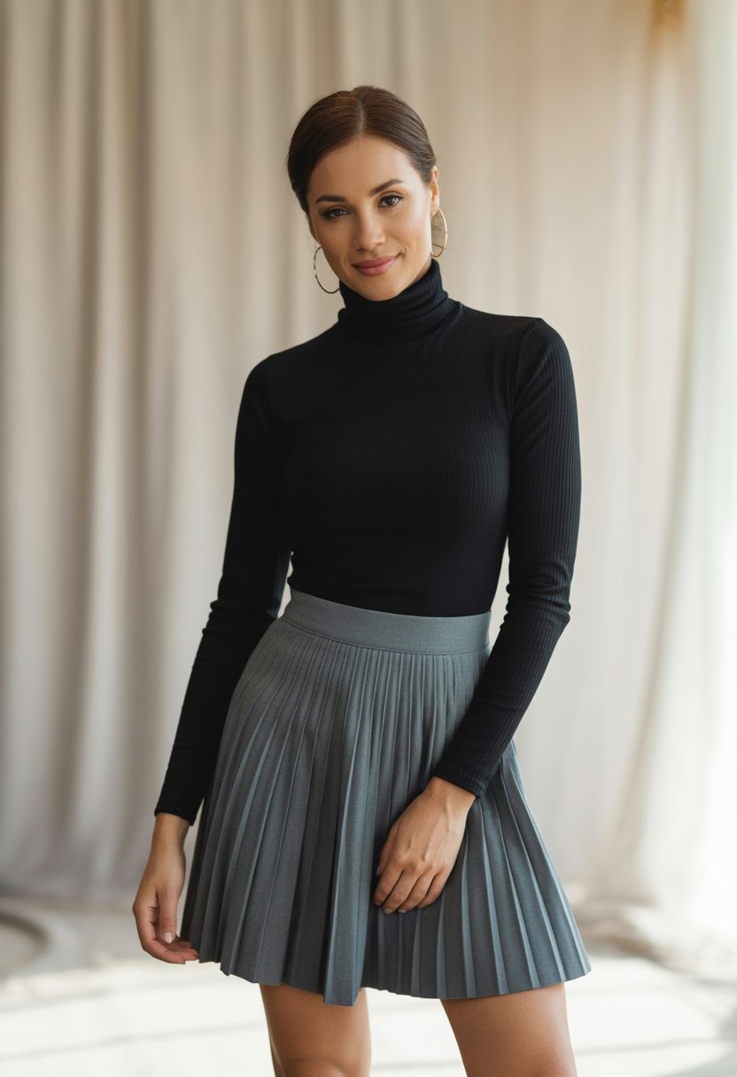 A woman wearing a black turtleneck and a grey pleated mini skirt standing against a plain background.