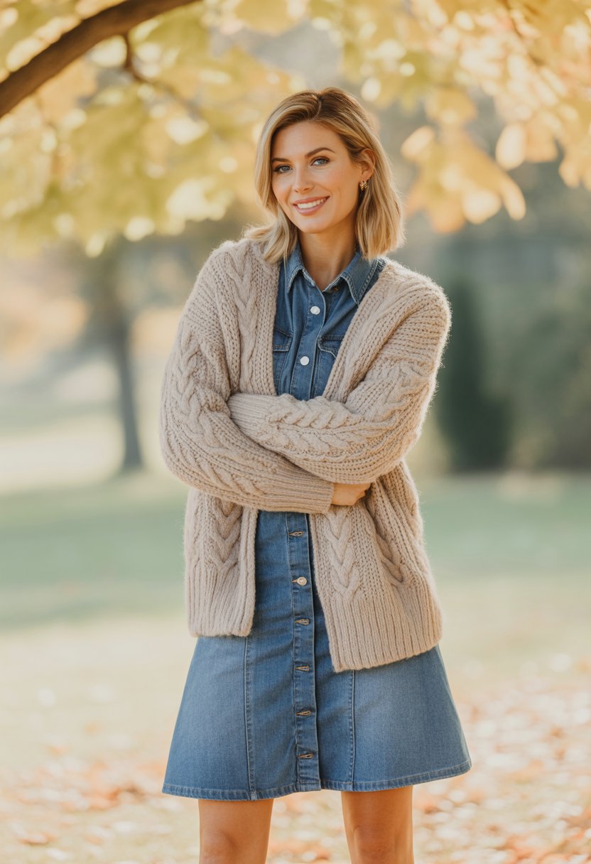 A woman standing outdoors wearing a denim skirt and a chunky knit cardigan with autumn leaves in the background.