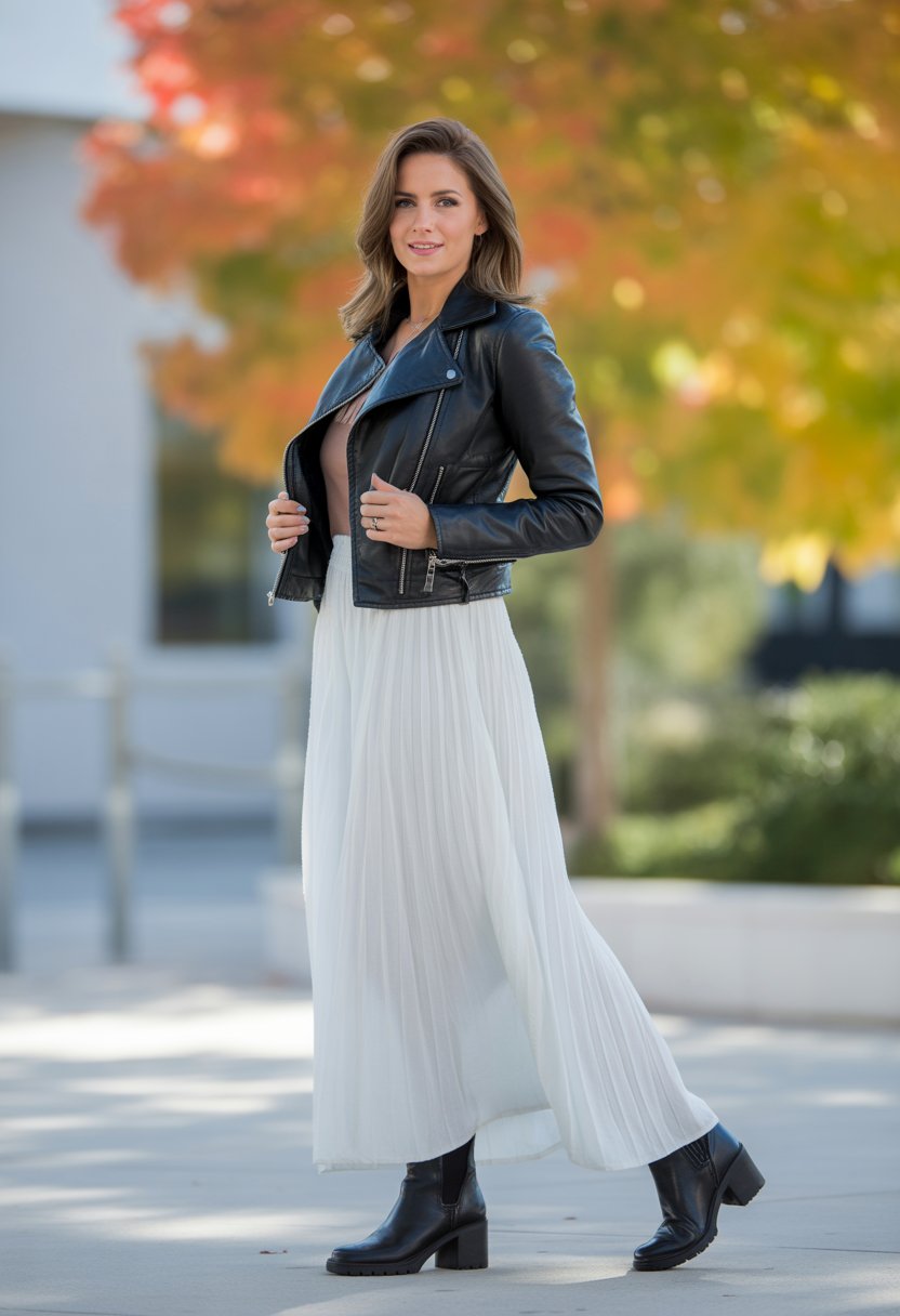 A woman standing outdoors wearing a white maxi skirt, black leather jacket, and boots with autumn leaves in the background.