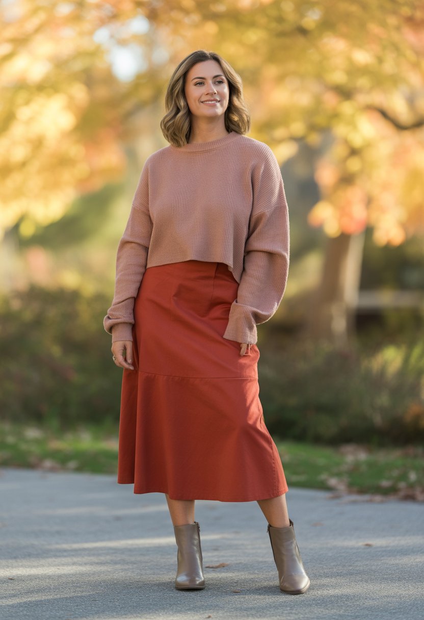 A woman standing outside in fall clothing, wearing a rust-colored skirt and a cropped sweater surrounded by autumn leaves.