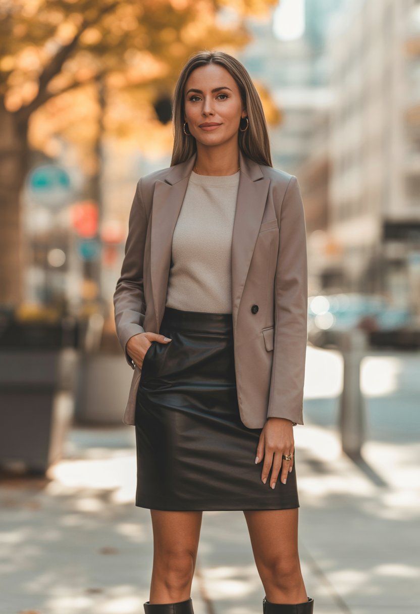 A woman standing on a city street wearing a black leather skirt and tailored blazer with fall leaves in the background.