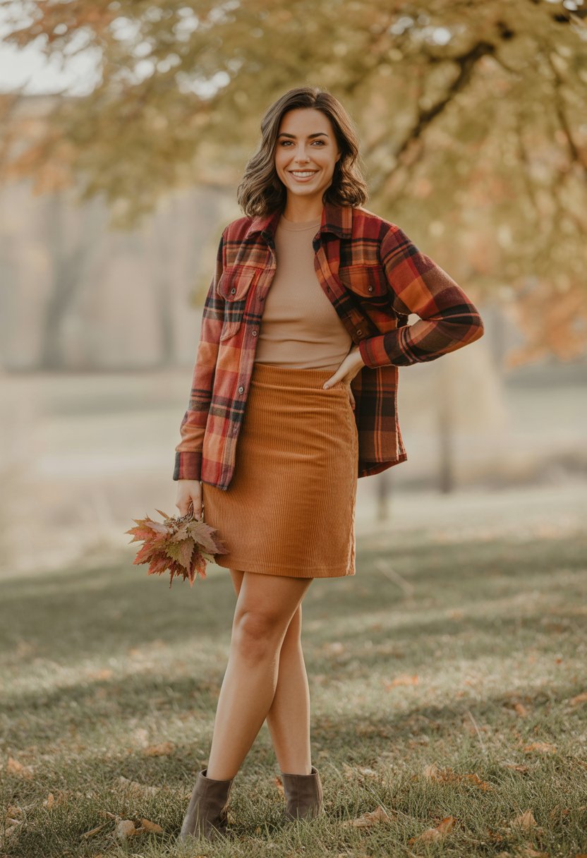A woman standing outdoors in fall foliage wearing a corduroy skirt and a flannel shirt.