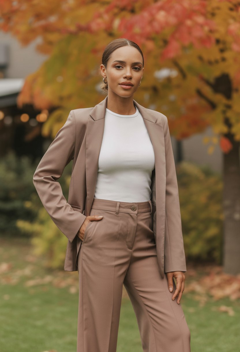 A woman standing outdoors surrounded by colorful fall leaves, wearing mocha trousers and a brown blazer.