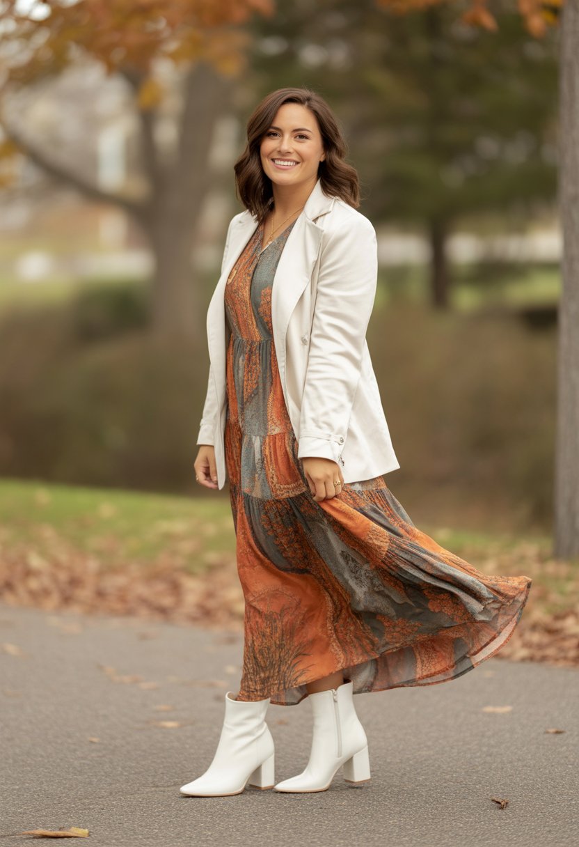 A woman standing outdoors wearing white ankle boots and a flowing maxi dress surrounded by fall foliage.
