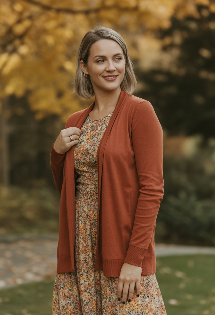 A woman outdoors wearing a rust-colored cardigan over a floral midi dress with autumn leaves in the background.