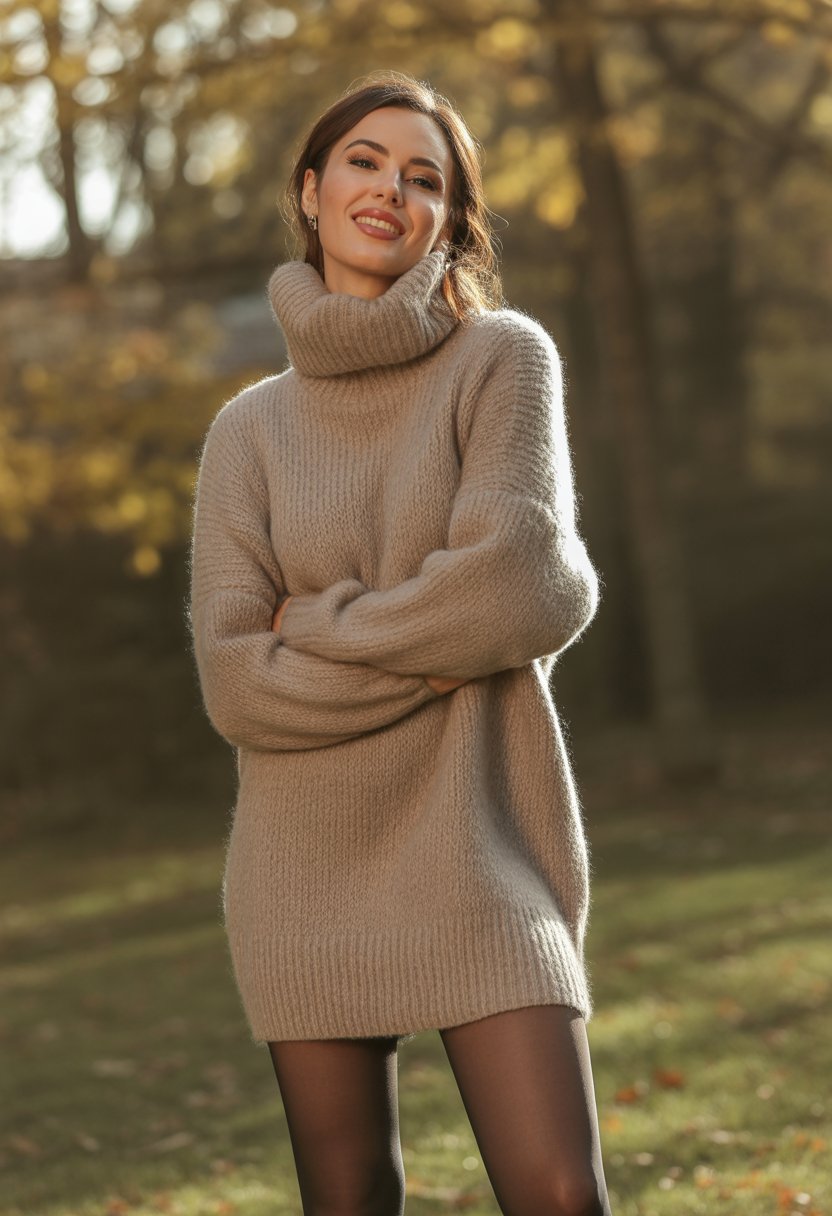A woman wearing a chunky knit turtleneck dress and opaque tights stands outdoors among autumn trees with golden leaves.
