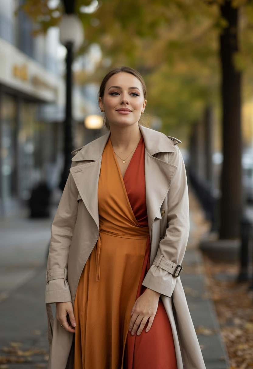 A woman wearing a belted trench coat over a wrap dress stands on a city sidewalk with fall leaves and trees in the background.