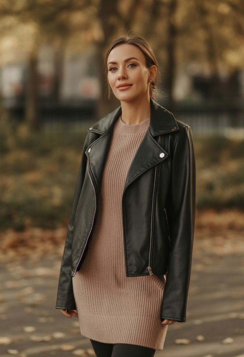 A woman standing outdoors in autumn wearing a sweater dress layered under a faux leather jacket.