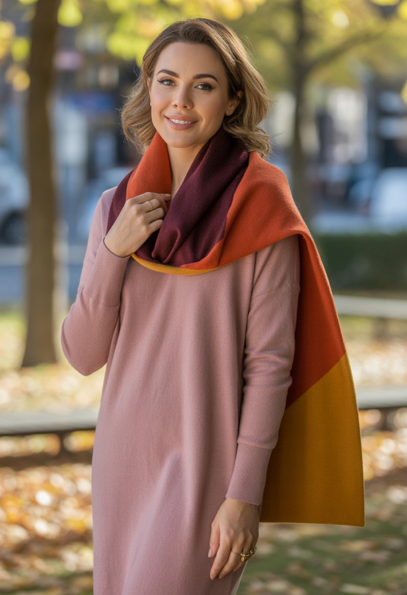 A woman stands outdoors in a park wearing a cashmere dress and a colorful scarf with autumn leaves around her.
