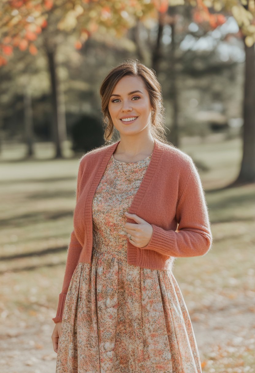 A woman standing outdoors among fall leaves wearing a floral dress and a cropped cardigan.