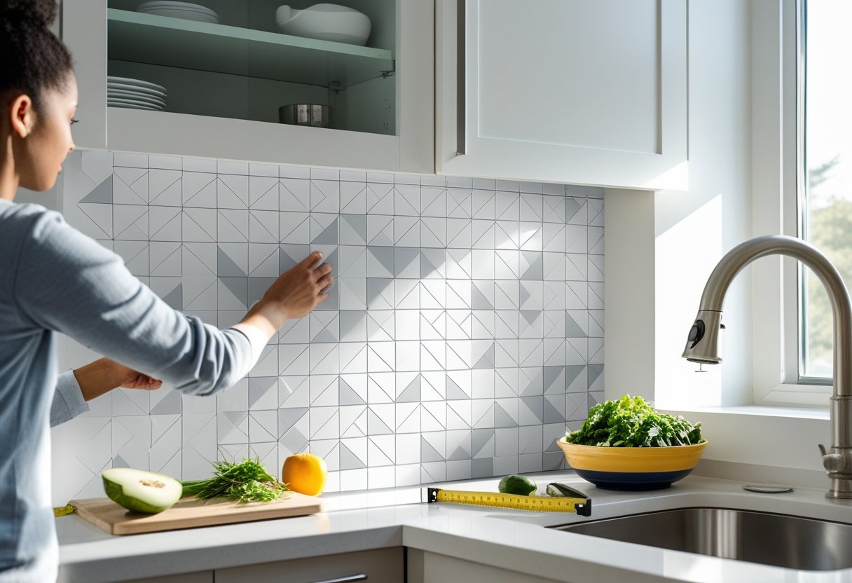 Person installing peel-and-stick backsplash tiles in a kitchen behind a countertop with kitchen items nearby.
