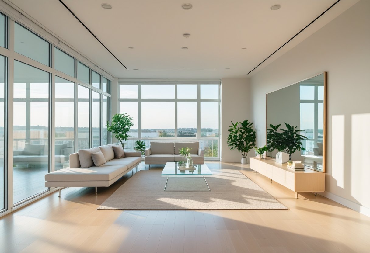 A bright living room with large windows, light walls, minimal furniture, and a large wall mirror that makes the space appear bigger.