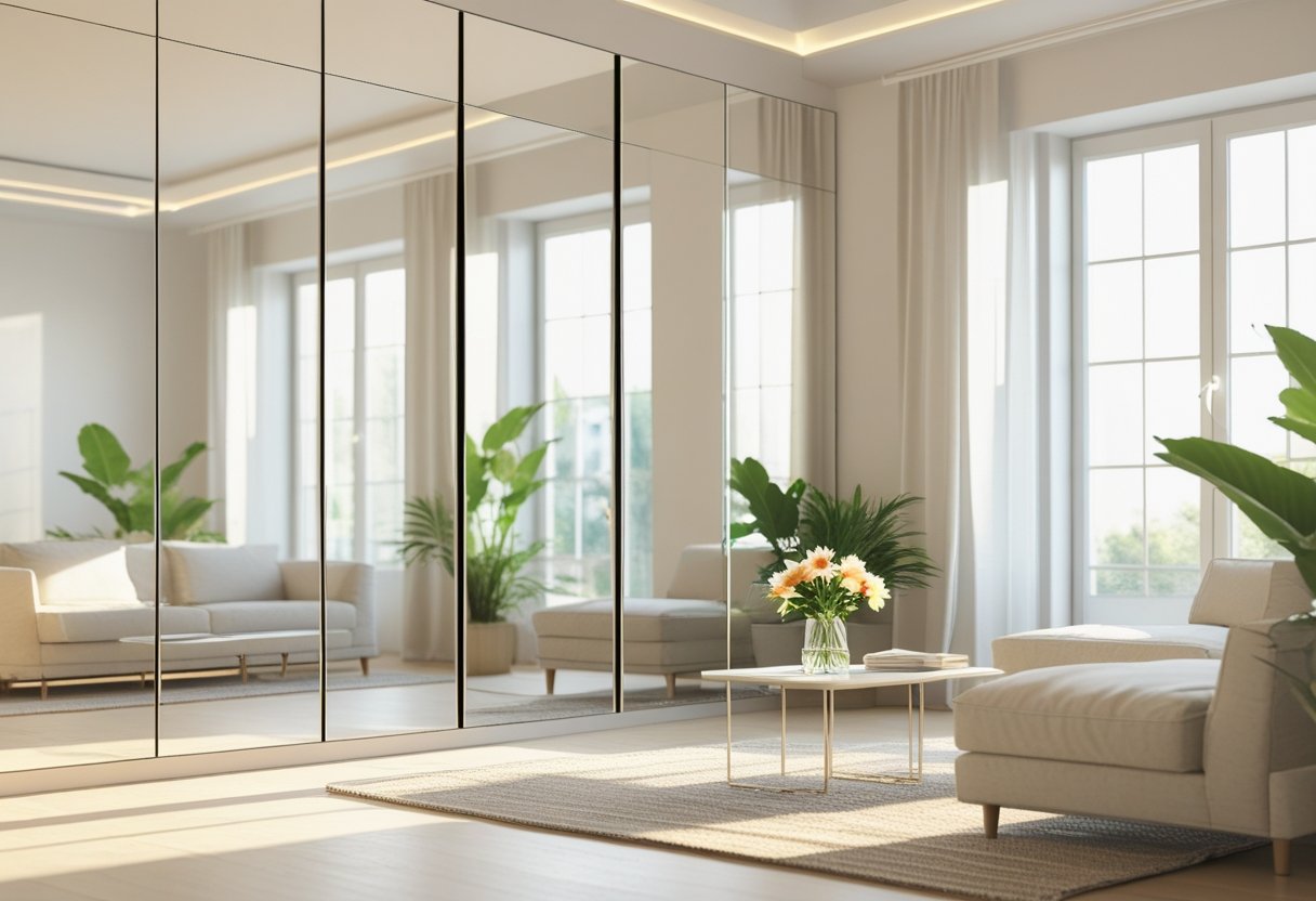 A bright living room with large mirrors reflecting light and creating a sense of spaciousness.