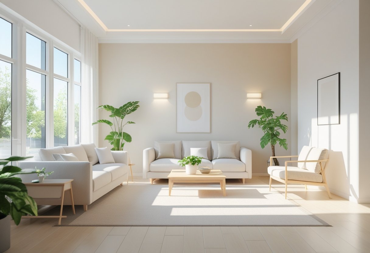 A bright living room with light neutral walls, natural sunlight, minimalist furniture, and indoor plants creating an open and spacious feel.