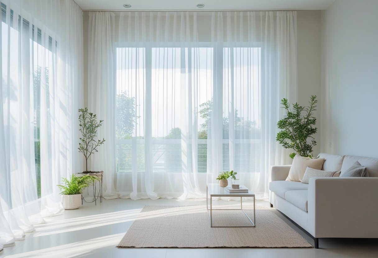 A bright living room with large windows covered by sheer white curtains, letting in natural light and making the space feel open and spacious.