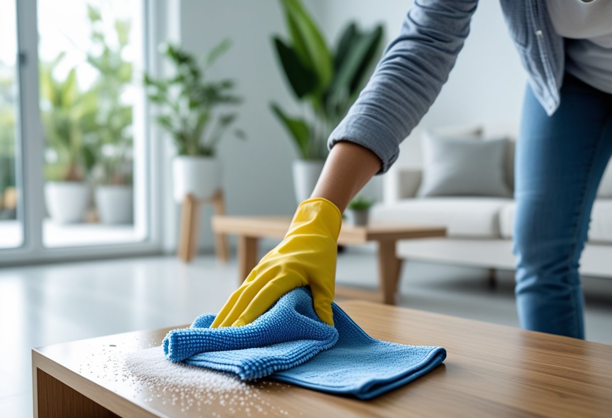A person cleaning a wooden surface in a bright living room using a microfiber cloth to trap dust.