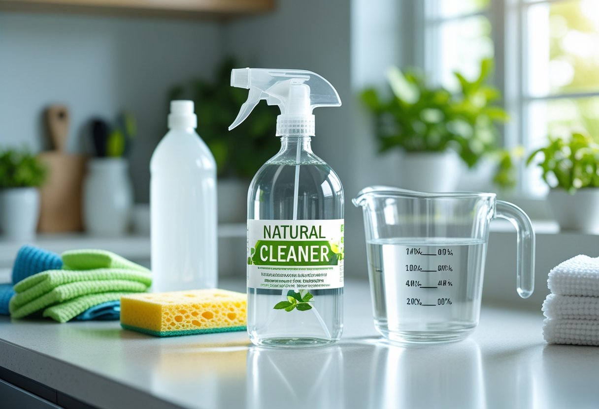 A clean kitchen countertop with a glass spray bottle, vinegar bottle, measuring cup, and cleaning cloths arranged neatly near a window with plants in the background.
