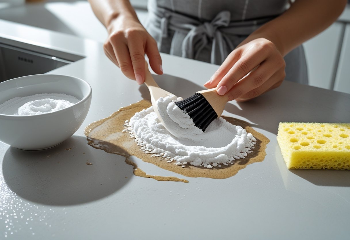 Hands applying baking soda paste to a stain on a kitchen countertop with a small brush.