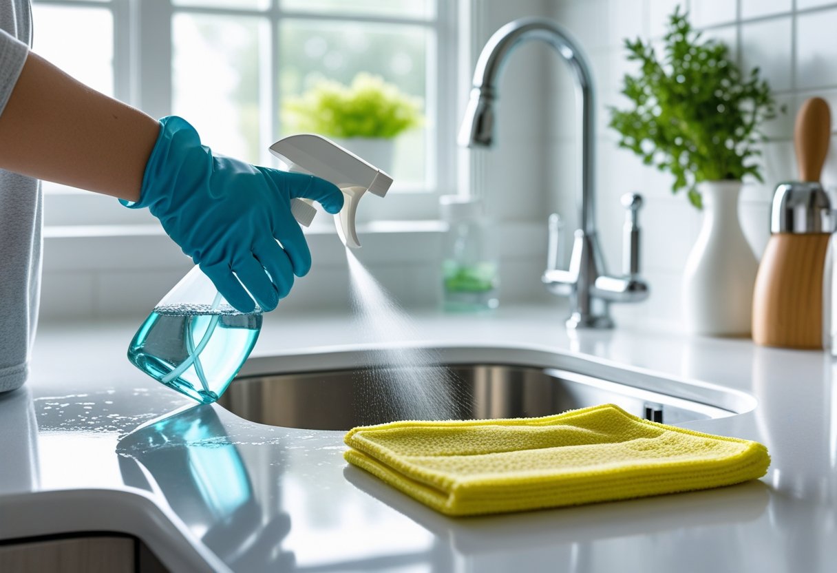 Person spraying cleaning solution on a kitchen sink countertop with cleaning supplies nearby in a bright kitchen.