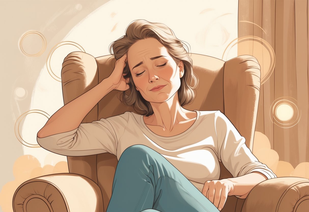 En midaldrende kvinde sidder træt i en stol med hånden støttet mod hovedet i et varmt og roligt rum.