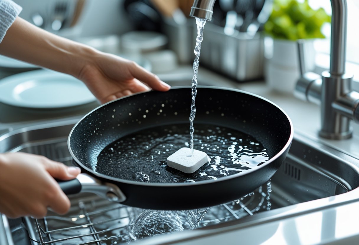 Hands cleaning a greasy frying pan under running water in a kitchen sink with a dishwasher tablet nearby.