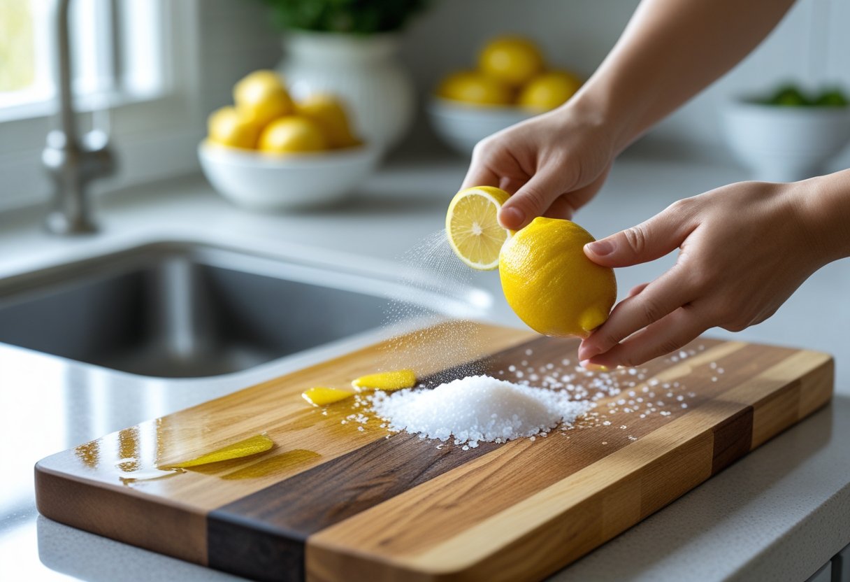 Hands spraying lemon juice and sprinkling salt on stained wooden cutting boards in a kitchen.