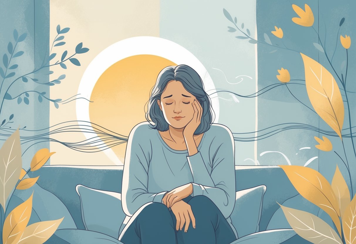 En midaldrende kvinde sidder træt og tænksom i et roligt rum med blødt lys, omgivet af symboler for overgangsalder og træthed.