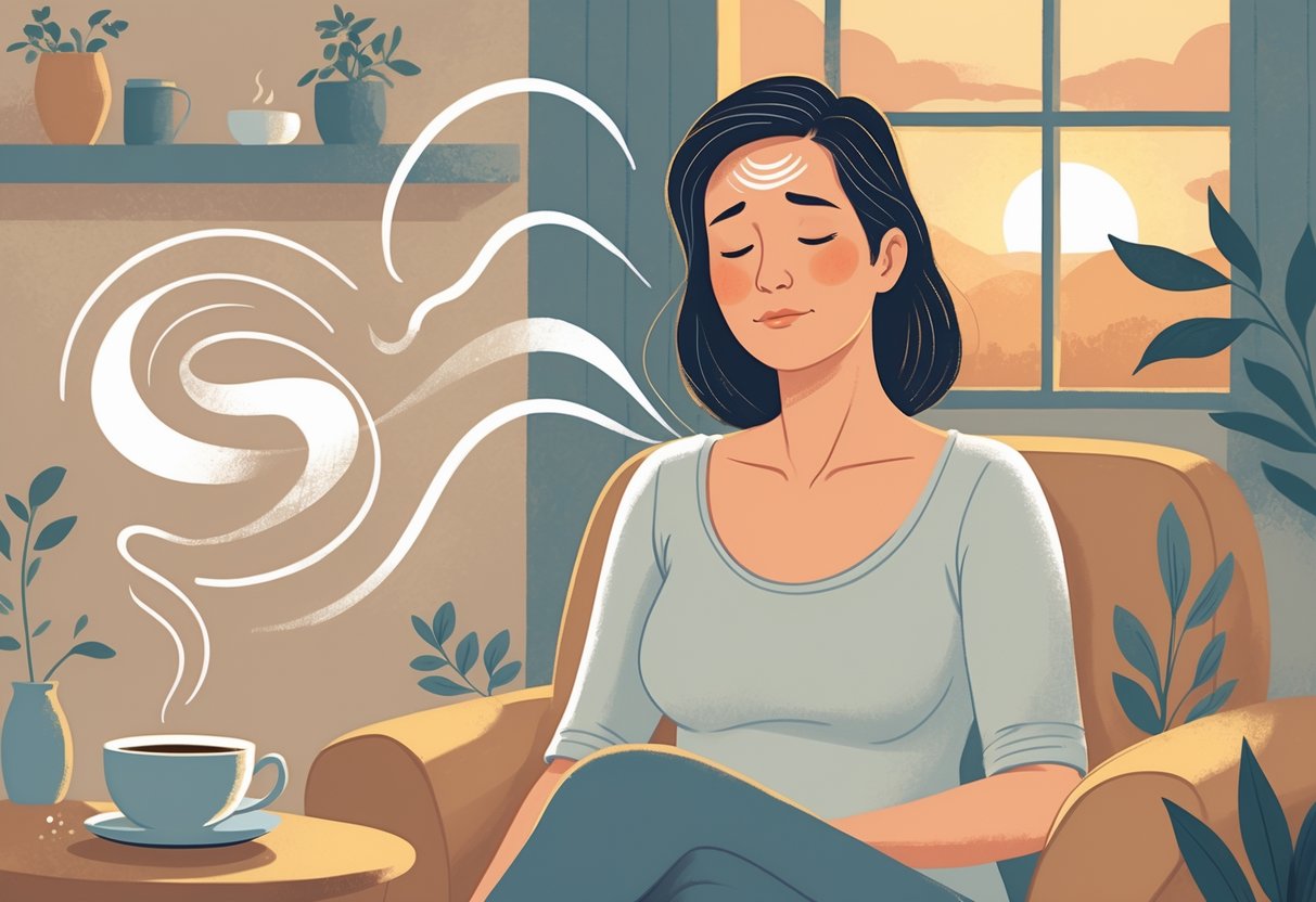 En midaldrende kvinde sidder træt i et hyggeligt rum med tegn på overgangsalder og træthed omkring sig.