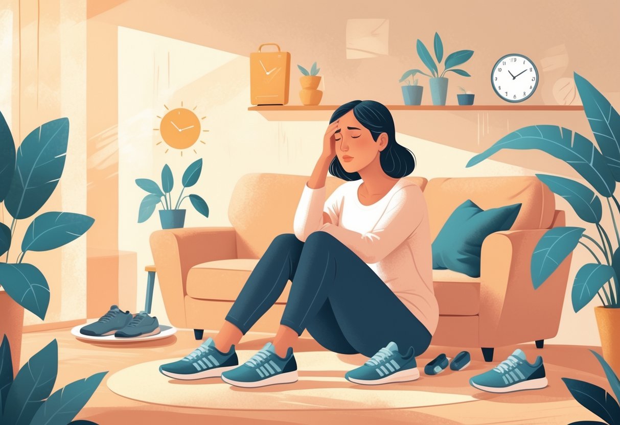 En midaldrende kvinde sidder træt i en hyggelig stue omgivet af symboler på livsstilsfaktorer som sund mad, løbesko, et ur og planter.