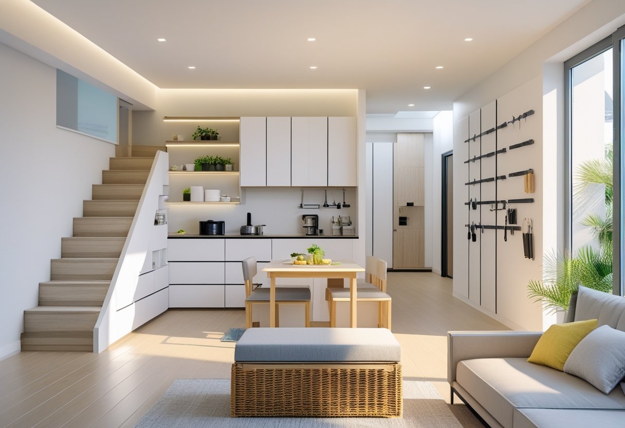 A modern home interior displaying various hidden and clever storage solutions integrated into furniture and walls.