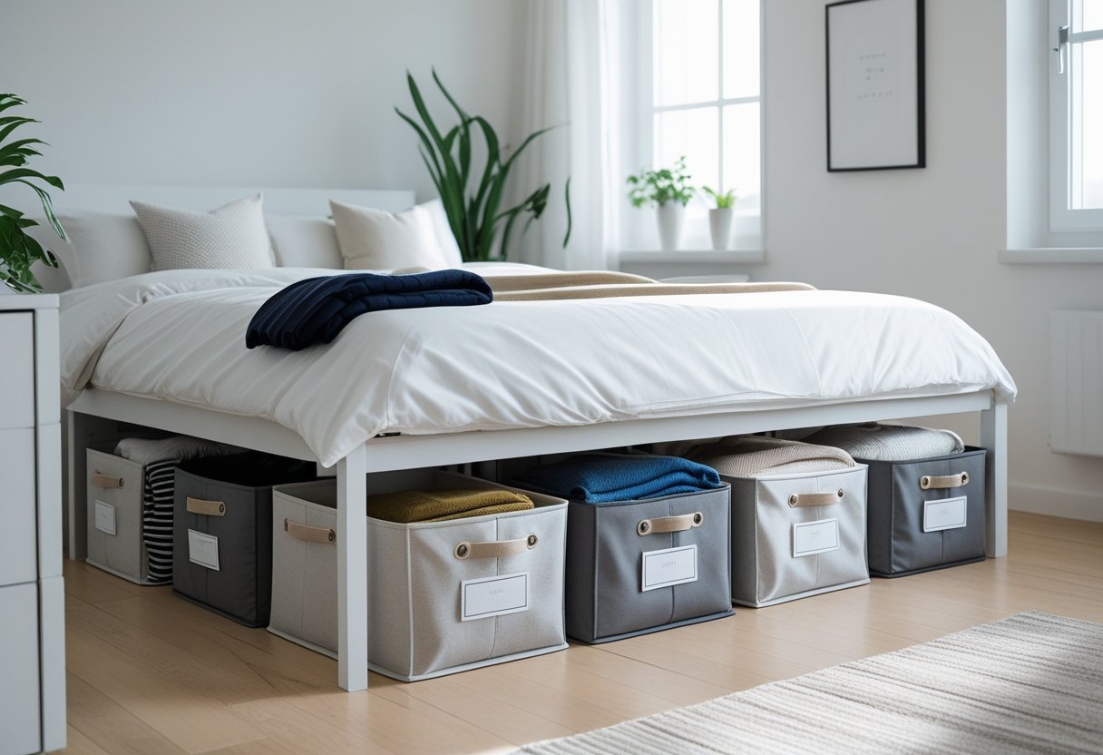 A bedroom with clear storage bins under the bed filled with folded seasonal clothes.