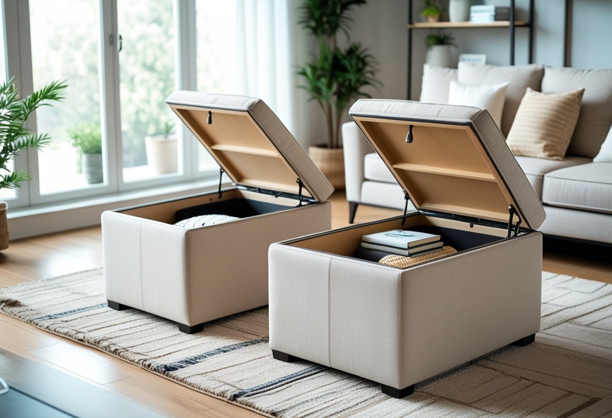 Living room with two ottomans open to show hidden storage compartments containing books and blankets.