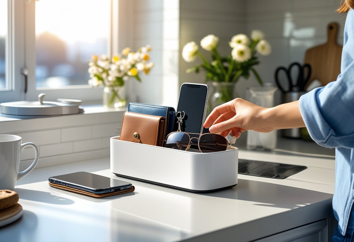A tidy kitchen countertop with a modern storage organizer holding everyday items and a person’s hand interacting with it.
