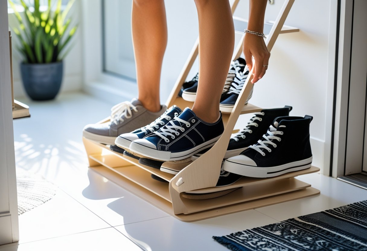 A neat shoe rack organizing several pairs of shoes in a bright, clean entryway with natural light.